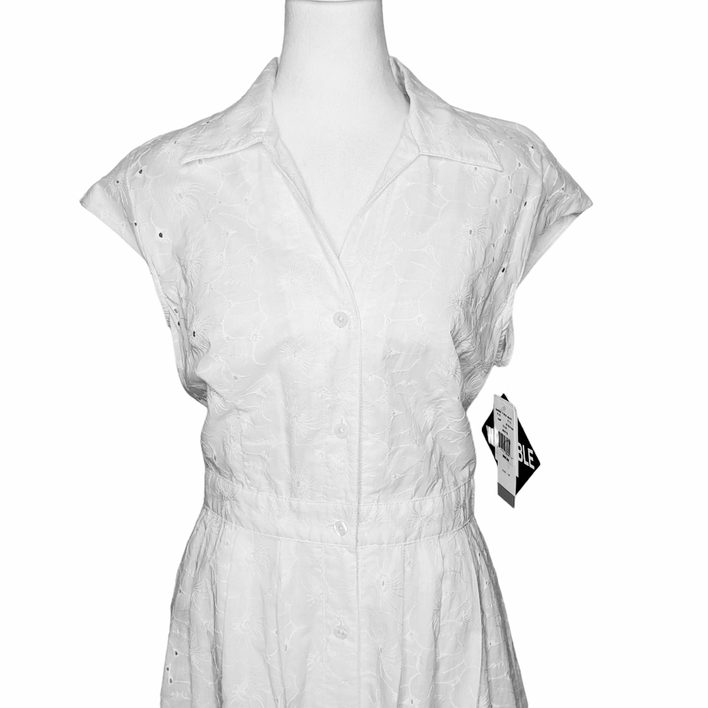 Vintage Y2k Shirt Dress, White Eyelet Lace Cap Sleeves Midi Sz 14P Cottagecore - Picture 3 of 12